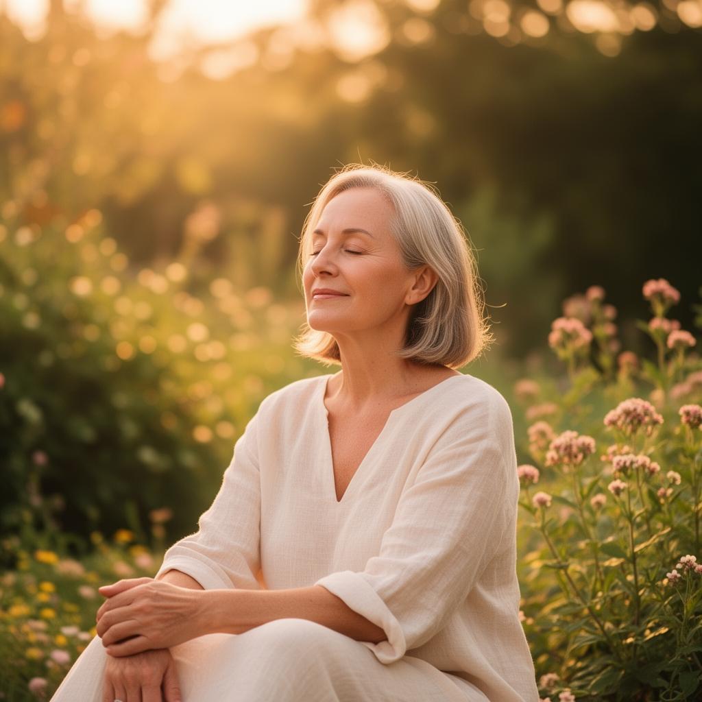 A calm woman enjoying peaceful wellness moments in nature